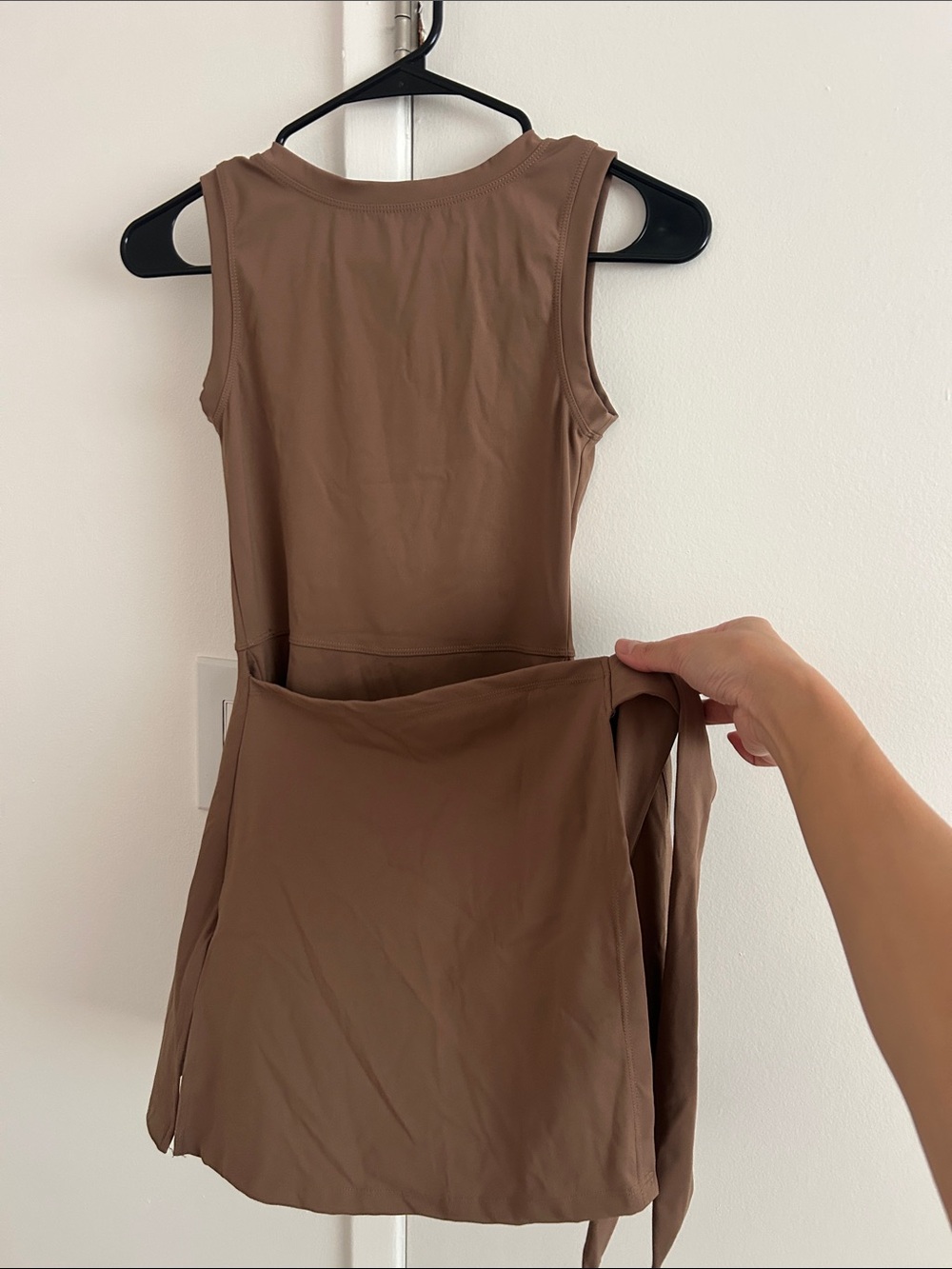 Women’s Taupe Athletic Jumpsuit with front skirt wrap tie